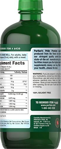 Puritans Pride cold pressed flaxseed oil liquid nutrition facts and essential omega fatty acids label