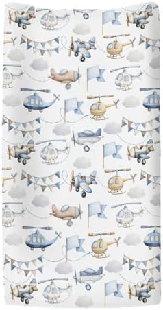 Baby changing pad cover with vintage airplane and helicopter print