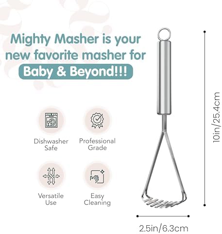 Dishwasher safe baby food masher showing sleek silver finish and sturdy handle assembly