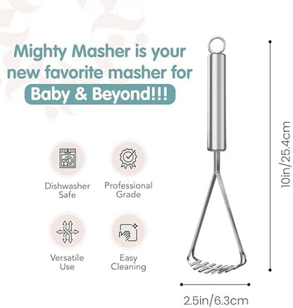 Dishwasher safe baby food masher showing sleek silver finish and sturdy handle assembly