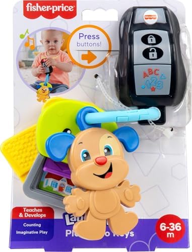 Full packaging view of the USA-imported Fisher-Price educational play keys for infants.