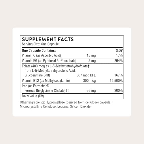 Thorne Advanced Iron Complex supplement facts label detailing 36 mg iron bisglycinate