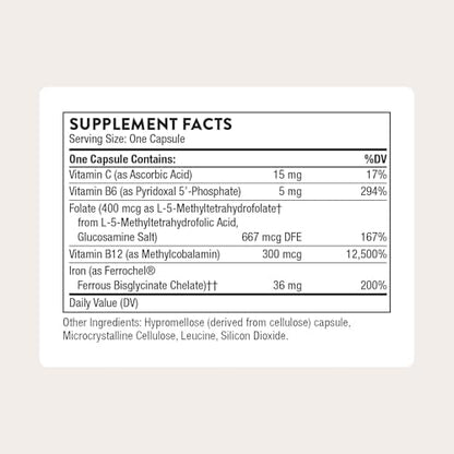 Thorne Advanced Iron Complex supplement facts label detailing 36 mg iron bisglycinate