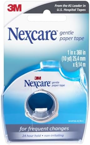 Side angle of 3M Nexcare white paper surgical tape inside its clear plastic dispenser roll.