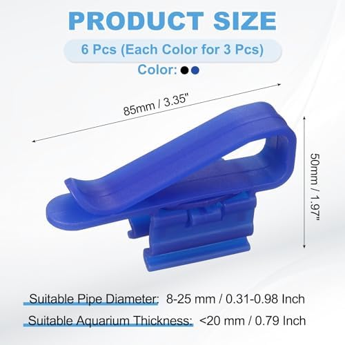 Six piece pack of blue and black plastic fish tank pipe organizers displayed on a white backdrop.
