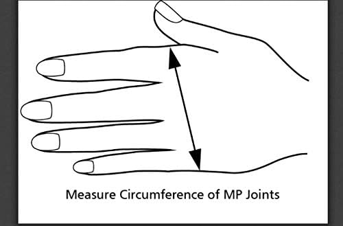 Pediatric compression glove for left hand in tan color showing elastic fabric texture.