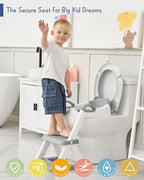 Forbena white and grey toddler toilet steps showing the integrated splash guard design