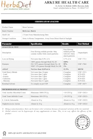 Herbadiet Beta Carotene powder packaging and label details