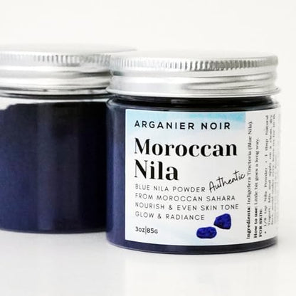 Close up of Arganier Noir Blue Nila powder texture for skin brightening masks.