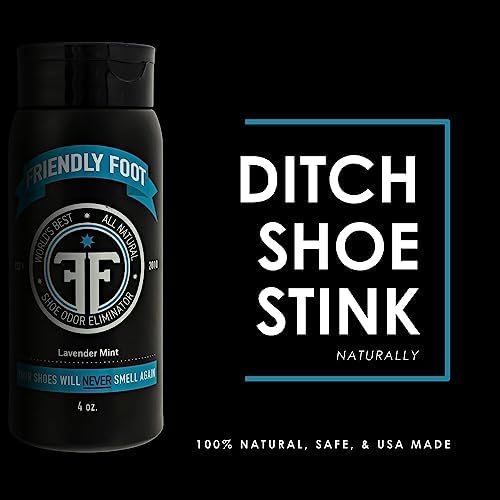Travel size shoe freshener bottle being squeezed into a pair of athletic sneakers.