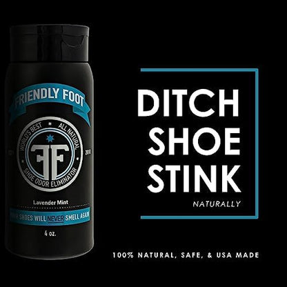 Travel size shoe freshener bottle being squeezed into a pair of athletic sneakers.