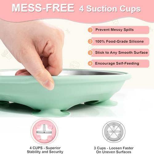 Close up of food grade stainless steel divided feeding plate for babies