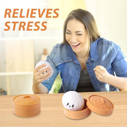 Compact dumpling squish toy next to pocket showing portable size