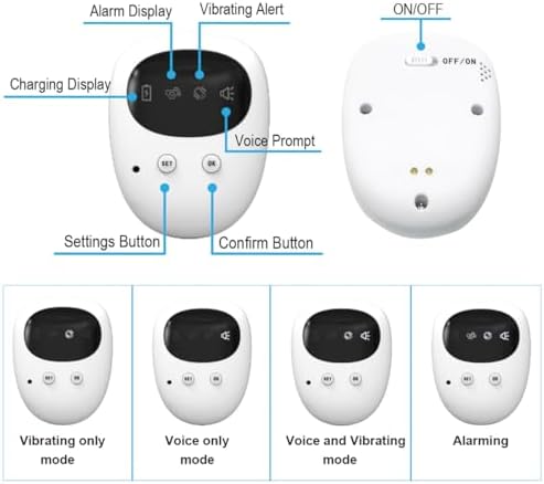 Fency rechargeable bedwetting alarm receiver showing vibration and sound mode buttons.