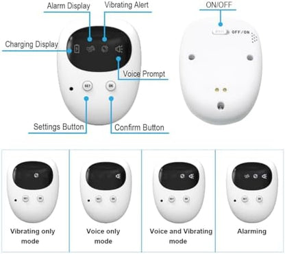 Fency rechargeable bedwetting alarm receiver showing vibration and sound mode buttons.