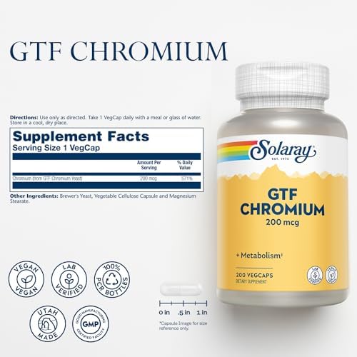 Solaray GTF Chromium dietary supplement bottle side view highlighting the Glucose Tolerance Factor formula.
