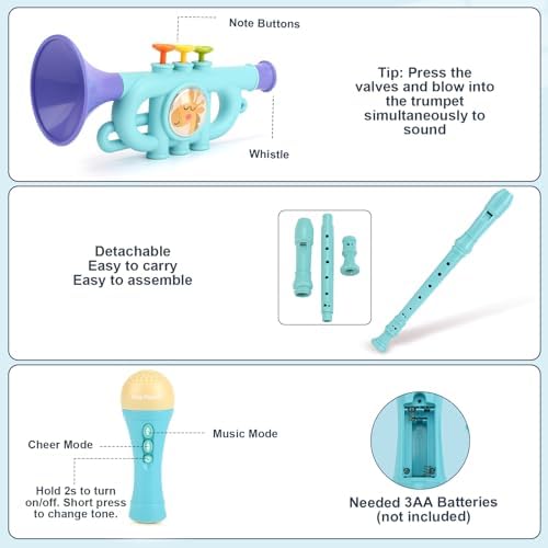 Vanplay birthday gift musical instruments set highlighting the durable construction and bright teal colors.