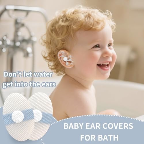 KOMIDK disposable waterproof ear stickers being applied to a child's ear for safe shampooing.