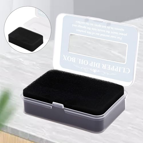 Step by step demonstration of a hair trimmer head dipping into the protective sponge container for even oil distribution
