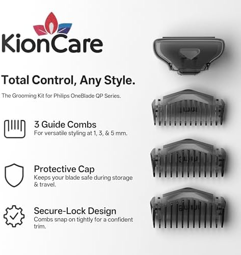 KIONCARE trimmer attachments displaying the one millimeter three millimeter and five millimeter guide combs