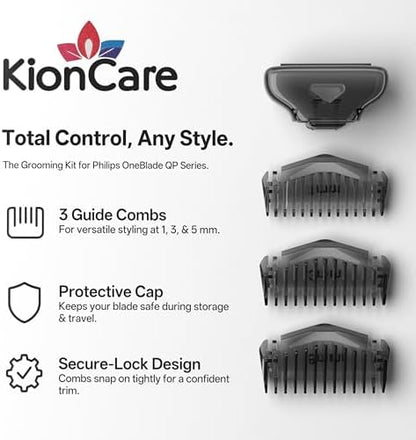 KIONCARE trimmer attachments displaying the one millimeter three millimeter and five millimeter guide combs