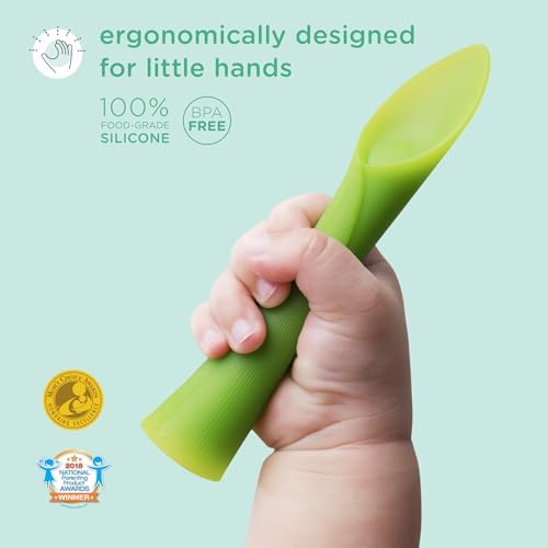 Olababy baby led weaning spoon two pack in lime and pastel shades