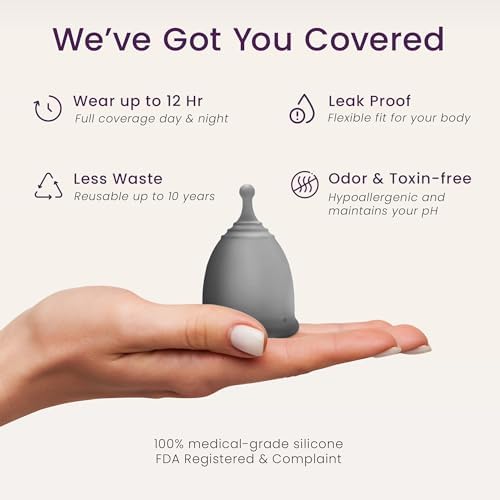 EcoBlossom Gray Large menstrual cup set with cylindrical storage tube.