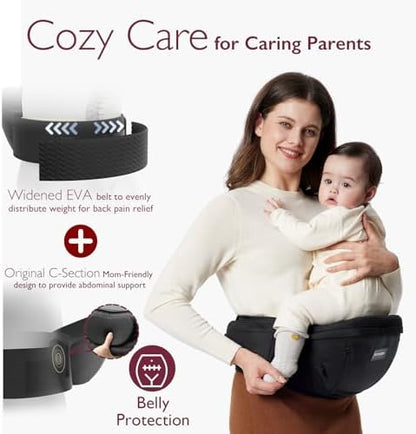 Side view of Momcozy hip seat carrier with storage pockets