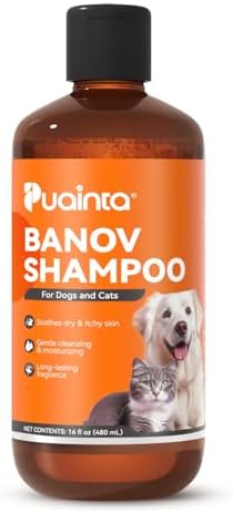 PUAINTA hypoallergenic pet shampoo showing natural herbal formula for itchy skin relief.