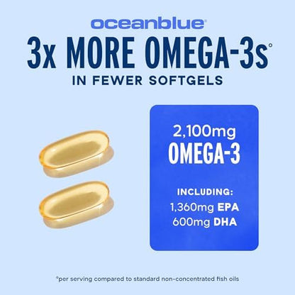 Ocean Blue professional triple strength burpless fish oil orange flavor softgels container details.