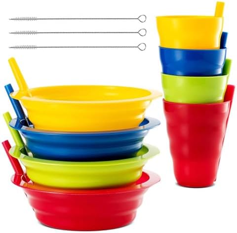 Plaskidy cereal bowls with straws and straw cups set front view