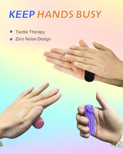 Adult hand squeezing a rainbow gradient Spicssa pocket stress keychain