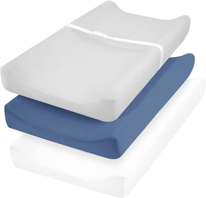 David's Kids 3 Pack Changing Pad Cover Set front view showcasing white grey and navy blue sheets