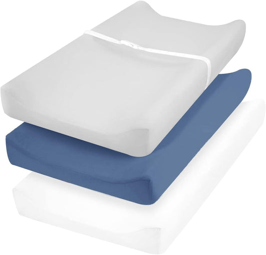 David's Kids 3 Pack Changing Pad Cover Set front view showcasing white grey and navy blue sheets