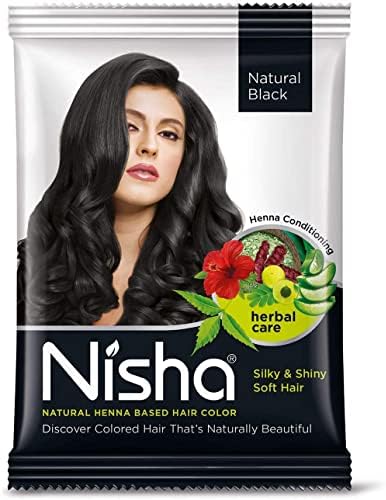 Nisha herbal conditioning hair color powder packaging detailing the key ingredients amla and aloe vera.
