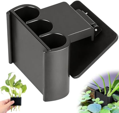 Black three hole fish tank plant pot clamped onto the aquarium rim