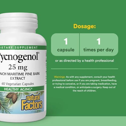 Vegetarian capsule formulation of Natural Factors Pycnogenol 25 mg for healthy aging support