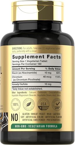 Carlyle Vanadyl Sulfate 180 vegetarian tablets supplement facts label showing chromium and niacin content