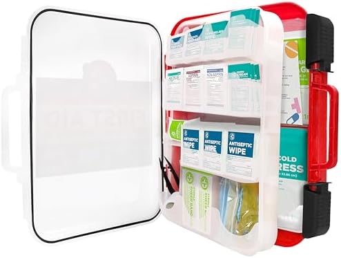 Open view of the Be Smart Get Prepared first aid kit showing organized compartments and tilting shelves.