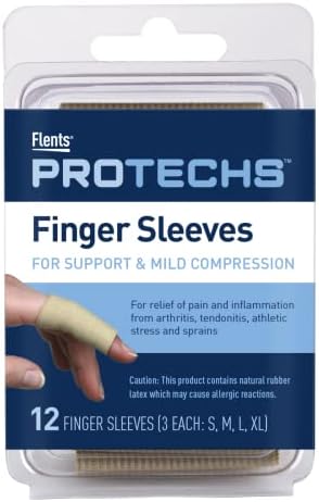 Close up view of the assorted size Flents finger compression cots for arthritis pain relief.