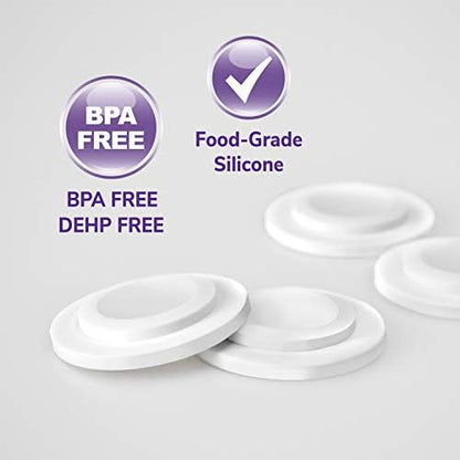 Maymom silicone storage lids placed inside bottle collar rings to demonstrate leakproof breast milk sealing function.