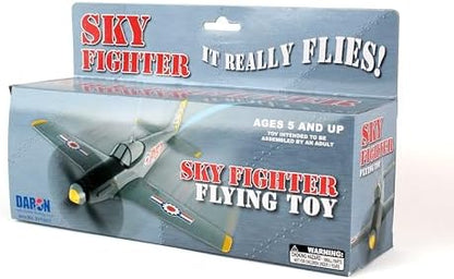 Close up view of the motorized propeller on the grey Daron Sky Fighter toy plane.