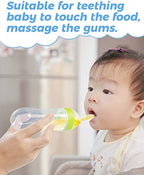 Portable baby food dispensing bottle spoon being held to demonstrate one-handed feeding convenience.