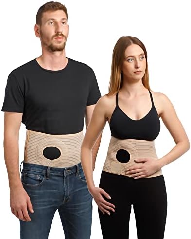 Close up view of the three point one four inch cushioned stoma protection ring on the beige post operative belt.