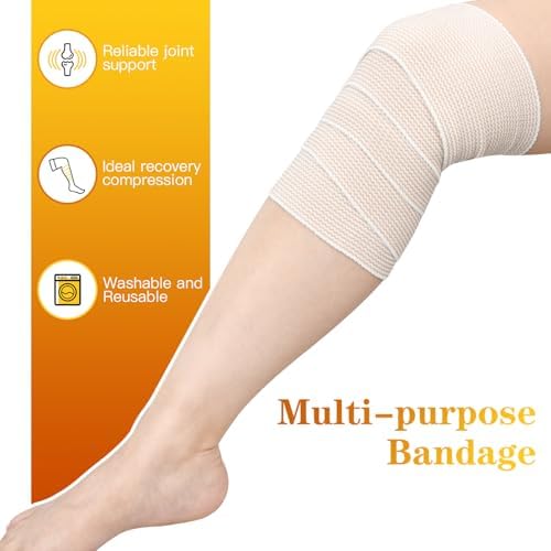 Two rolls of tan colored reusable medical bandages for first aid kits.