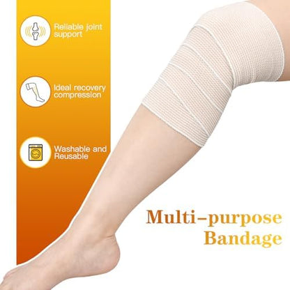 Two rolls of tan colored reusable medical bandages for first aid kits.