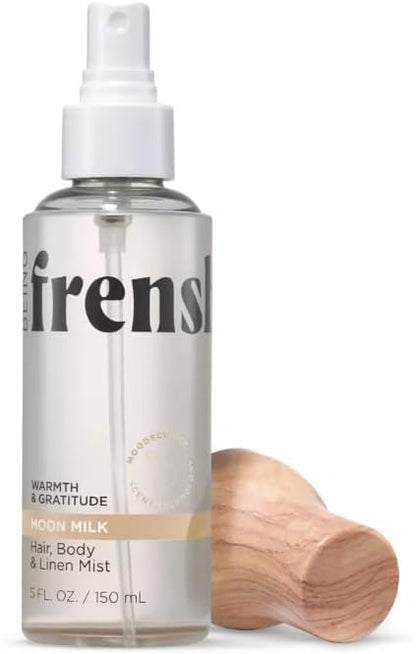 Being Frenshe Moon Milk spray bottle showing mood boosting benefits.