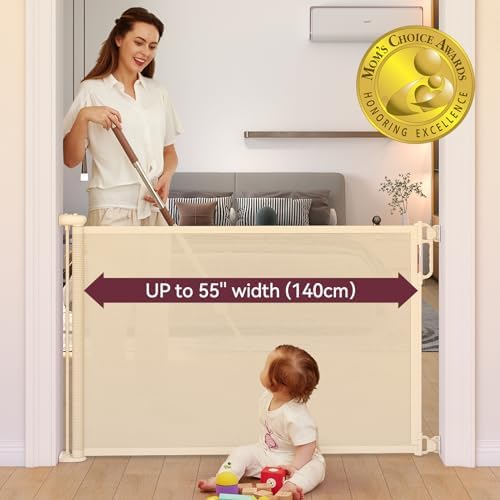 Momcozy child safety gate extended across stairs showing the secure double locking handle
