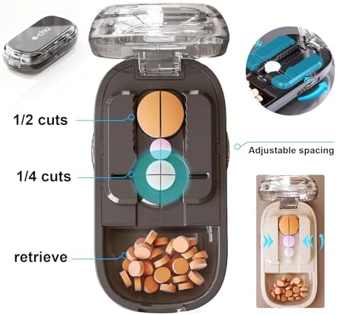 E Chu professional medical pill splitter demonstrating precise half and quarter cuts on multi sized tablets.
