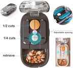 E Chu professional medical pill splitter demonstrating precise half and quarter cuts on multi sized tablets.